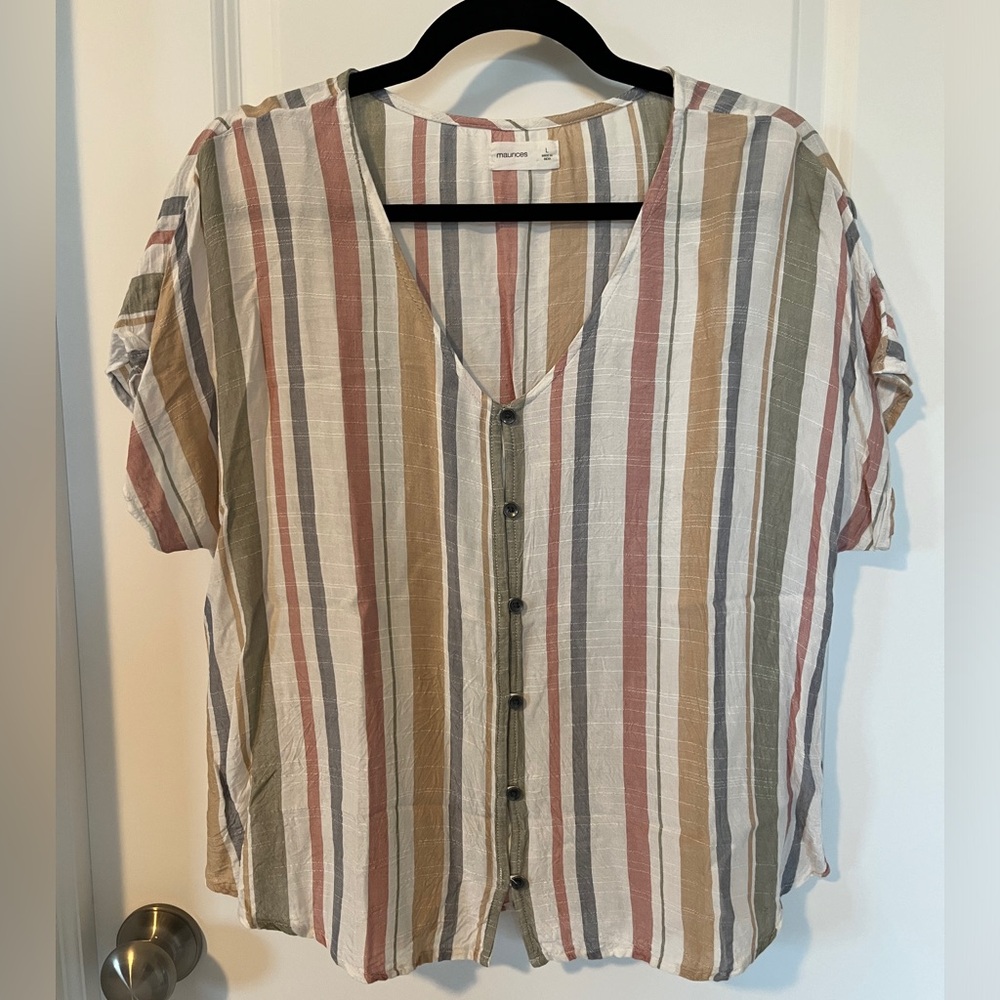 Maurices Striped Buttoned Short Sleeved Blouse Size L